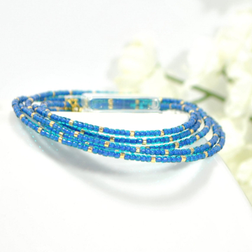 Multi-Layered Bracelet, Blue 5 Wrap Bracelet, Blue, Gold, Stacking Bracelet, Beaded Bracelet, 36-39 inch Bracelet Necklace