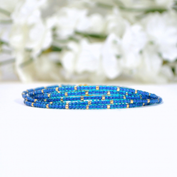 Multi-Layered Bracelet, Blue 5 Wrap Bracelet, Blue, Gold, Stacking Bracelet, Beaded Bracelet, 36-39 inch Bracelet Necklace