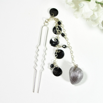 Black Hair Charm, Seashell Hair Beads, Hair Chain, Beaded Hair Charm, Beaded Hair Fork, Geisha Hair Pin, Snap Clip or U Pin