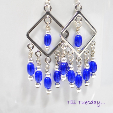 Small Blue Earrings, Chandelier Earring, Blue Drop Earrings, Handmade Earrings, Blue, Silver, Your Choice Lever Back or Sterling Silver