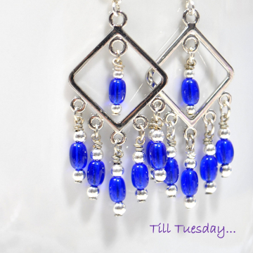 Small Blue Earrings, Chandelier Earring, Blue Drop Earrings, Handmade Earrings, Blue, Silver, Your Choice Lever Back or Sterling Silver