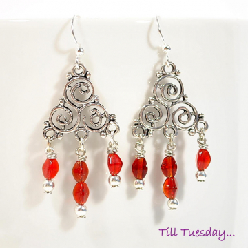 Celtic Earrings, Red Silver Earrings, Chandelier Earrings, Dangle Earrings, Celtic Jewelry, Trinity, Lever Back Earring or Sterling Silver