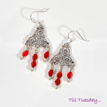 Celtic Earrings, Red Silver Earrings, Chandelier Earrings, Dangle Earrings, Celtic Jewelry, Trinity, Lever Back Earring or Sterling Silver