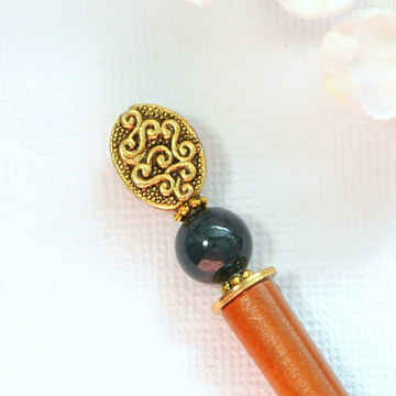 OOO Green and Gold Hair Stick, Small Wooden Hair Chopstick - "Sweet Whisper"