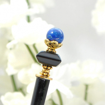 Hair Chopstick, Hair Stick, Black Blue Hairstick, Hair Pick, Beaded Hair Stick, Chinese Hair Pin - "Courageous Heart"