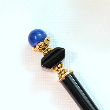 Hair Chopstick, Hair Stick, Black Blue Hairstick, Hair Pick, Beaded Hair Stick, Chinese Hair Pin - "Courageous Heart"