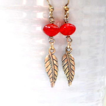 Feather Earrings, Dangle Earrings, 2 inch Earrings, Red Silver Handmade, Your Choice of Leverback or Sterling Silver