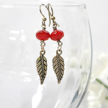 Feather Earrings, Dangle Earrings, 2 inch Earrings, Red Silver Handmade, Your Choice of Leverback or Sterling Silver