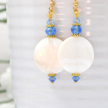 Dangle Earrings, Sea Shell Earring, White Blue Earrings, Drop Earring, Handmade Jewelry, Your Choice of Leverback or Gold Filled