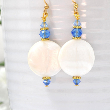 Dangle Earrings, Sea Shell Earring, White Blue Earrings, Drop Earring, Handmade Jewelry, Your Choice of Leverback or Gold Filled
