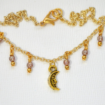 Moon Anklet, Moon Ankle Bracelet, Charm Anklet, Celestial Anklet, Gold Purple Anklet, Handmade Anklet, Chain Anklet