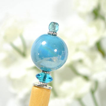 Blue Beaded Hair Stick, 5.5 inch Wooden Hair Pin - "Clearwater"