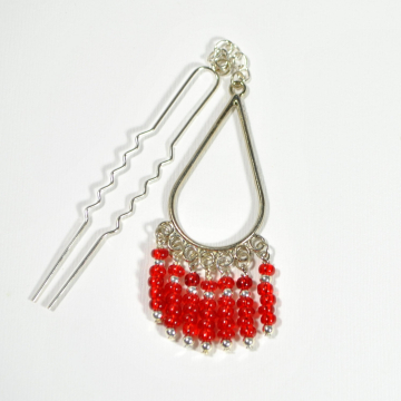 Red and Silver Boho Hair Beads, 4 inch Gypsy Hair Jewelry with Your Choice of Snap Comb or U Pin