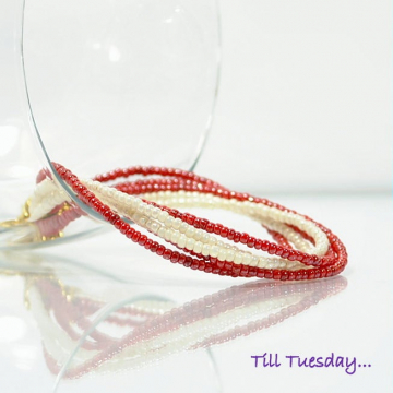 Red Bracelet, 8 inch Bracelet, Twisted Bead Bracelet, Multi-Strand Bracelet, Red White Gold, Bracelet with Clasp