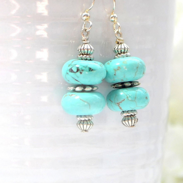 Turquoise Blue Earrings, Dangle Earrings, Drop Earring, Blue Howlite, Your Choice Leverback or Sterling Silver