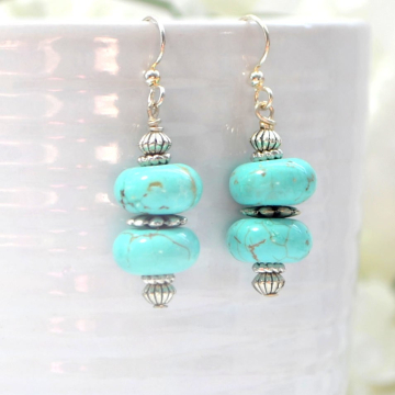 Turquoise Blue Earrings, Dangle Earrings, Drop Earring, Blue Howlite, Your Choice Leverback or Sterling Silver