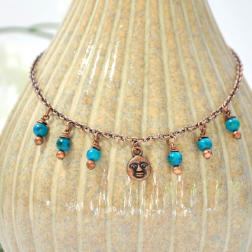 Copper Moon Charm Anklet, Moon Ankle Bracelet, Charm Anklet, Celestial Anklet, Teal Copper Anklet, Handmade Anklet, Chain Anklet