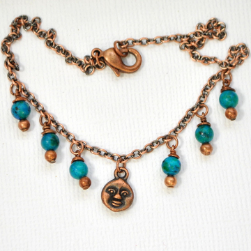 Copper Moon Charm Anklet, Moon Ankle Bracelet, Charm Anklet, Celestial Anklet, Teal Copper Anklet, Handmade Anklet, Chain Anklet