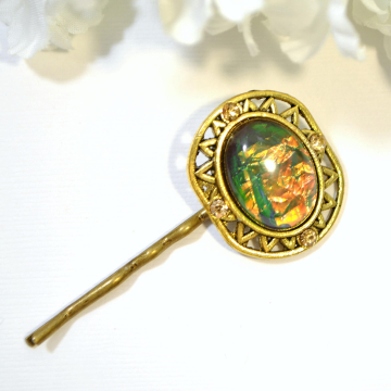 Dragon Eye Bobby Pin, Green Hair Pin, Dragon Jewelry, Gold, Green, Hair Pins, Hair Slide