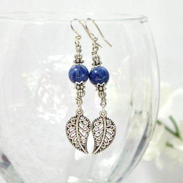 Leaf Earrings, Dangle Earring, Leaf Jewelry, Drop Earring, Blue Silver Earrings, Handmade, Your Choice of Leverback or Sterling Silver