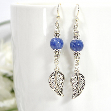 Leaf Earrings, Dangle Earring, Leaf Jewelry, Drop Earring, Blue Silver Earrings, Handmade, Your Choice of Leverback or Sterling Silver