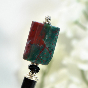 Green and Red Gemstone Hair Stick, Handmade Hair Bun Pin - "Moonfire"