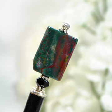 Green and Red Gemstone Hair Stick, Handmade Hair Bun Pin - "Moonfire"