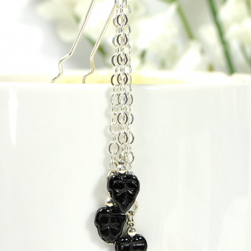 Black Silver Hair Charm, 3 inch Gypsy Hair Clip, Leaf Jewelry, Geisha Hair Beads, Pirate Hair Accessory, U Pin, Snap Comb, or Snap Clip