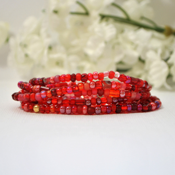 Wrap Bracelet, Stretch Bracelet, 6 Wrap, Elastic Bracelet, Red Layering Bracelet, Handmade