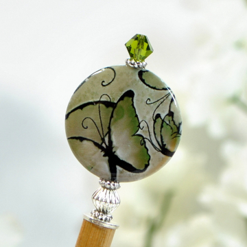 Butterfly Hair Stick, Green Hairstick, Beaded Hair Stick, Wooden Hairstick, Chinese Hair Pin - "Gloriosa"