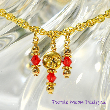 Moon Anklet, Charm Ankle Bracelet, Red Anklet, Red Gold Ankle Bracelet, Moon Ankle Bracelet, Dangle Anklet, Handmade Anklet