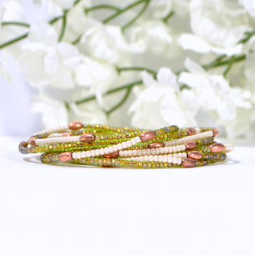 Beaded Wrap Bracelet, 9 Wrap, Layered Wrap, Green, Copper, Multi-Layered Bracelet, Beaded Stretch Bracelet, Elastic Bracelet