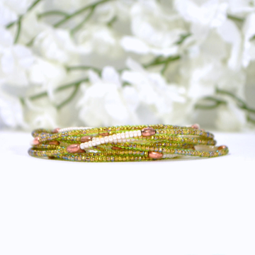 Beaded Wrap Bracelet, 9 Wrap, Layered Wrap, Green, Copper, Multi-Layered Bracelet, Beaded Stretch Bracelet, Elastic Bracelet