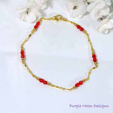 Chain Anklet, Red Ankle Bracelet, Gold Chain Anklet, Handmade Anklet, 9.5 inch Anklet, Red Ankle Bracelet, Beaded Chain Anklet