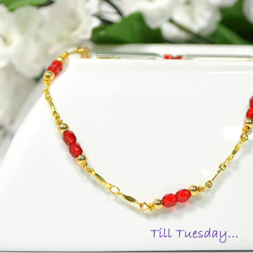 Chain Anklet, Red Ankle Bracelet, Gold Chain Anklet, Handmade Anklet, 9.5 inch Anklet, Red Ankle Bracelet, Beaded Chain Anklet