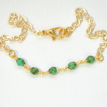 Blue-Green on Gold Anklet, Beaded Ankle Bracelet, Chain Anklet, Handmade, Minimalist Anklet, Chain Anklet, Handmade