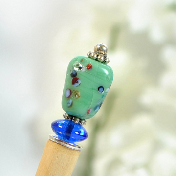 Small Hair Stick, Beaded Hair Stick, Green Blue Hair Pin, Hair Chopstick, Bun Pin, One of a Kind - "Annia"