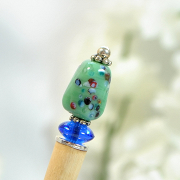 Small Hair Stick, Beaded Hair Stick, Green Blue Hair Pin, Hair Chopstick, Bun Pin, One of a Kind - "Annia"