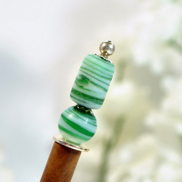 Green Hairstick, Beaded Hair Stick, Short Hair Stick, Green White Hair Pin, Bun Holder Pin, Chinese Hair Pin, One of a Kind - "Lyla"