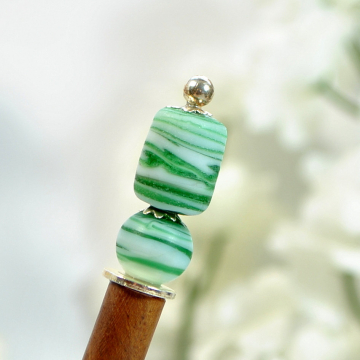 Green Hairstick, Beaded Hair Stick, Short Hair Stick, Green White Hair Pin, Bun Holder Pin, Chinese Hair Pin, One of a Kind - "Lyla"