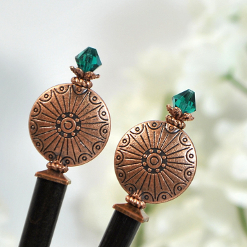 Copper Hair Sticks, Beaded Hairsticks, Handmade Hair Sticks, Japanese Bun Pins, Hair Chopsticks - "Endless Skies"
