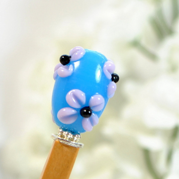 Blue Flower Hair Pin, Small Wooden Bun Pin - "Terezie"