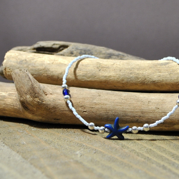 Blue Starfish Anklet, 9.5 inch Blue and Silver Beach Ankle Bracelet