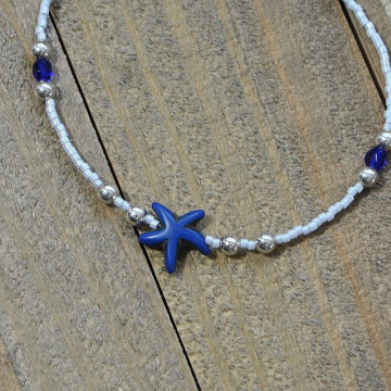 Blue Starfish Anklet, 9.5 inch Blue and Silver Beach Ankle Bracelet
