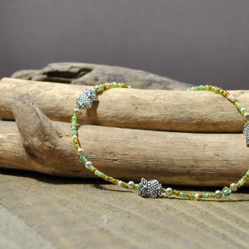 Woodland Owl Anklet, 10 inch Green Silver Owl Ankle Bracelet