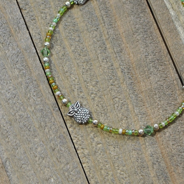 Woodland Owl Anklet, 10 inch Green Silver Owl Ankle Bracelet