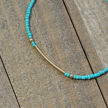 Turquoise Blue with Gold Bar Anklet, 9.5 inch Layering Ankle Bracelet
