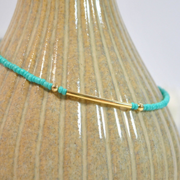 Turquoise Blue with Gold Bar Anklet, 9.5 inch Layering Ankle Bracelet