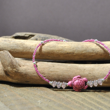 Pink Sea Turtle Anklet, 9.5 inch Pink and Silver Ankle Bracelet