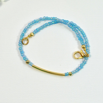 Light Blue with Gold Bar Anklet, 9.5 inch Minimalist Anklet